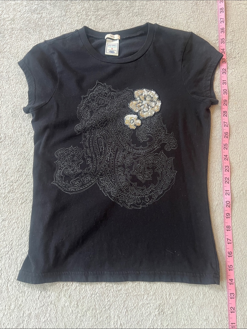 Old Navy Black Short-Sleeve Tee with Paisley Embroidery & Gold Sequin Flowers